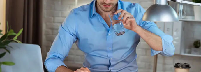 Een man in een blauw shirt drinkt water en besteedt aandacht aan een laptop voor hem.