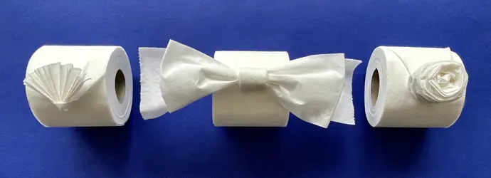 Drie wc-rollen met het wc-papier gevouwen in een nette waaier, strik en roos op een blauwe achtergrond.